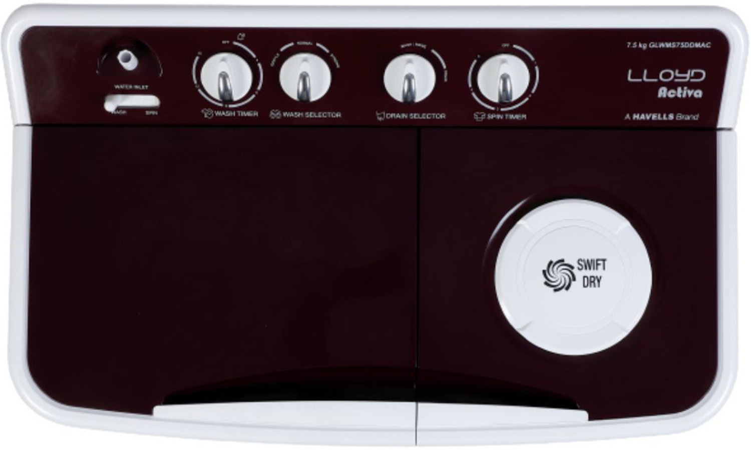 Image of Lloyd by Havells 7.5 kg |1300 RPM|Soak Function|3 Wash Programs|Swift Dry|Magic Filter, Semi Automatic Top Load Washing Machine Maroon, White