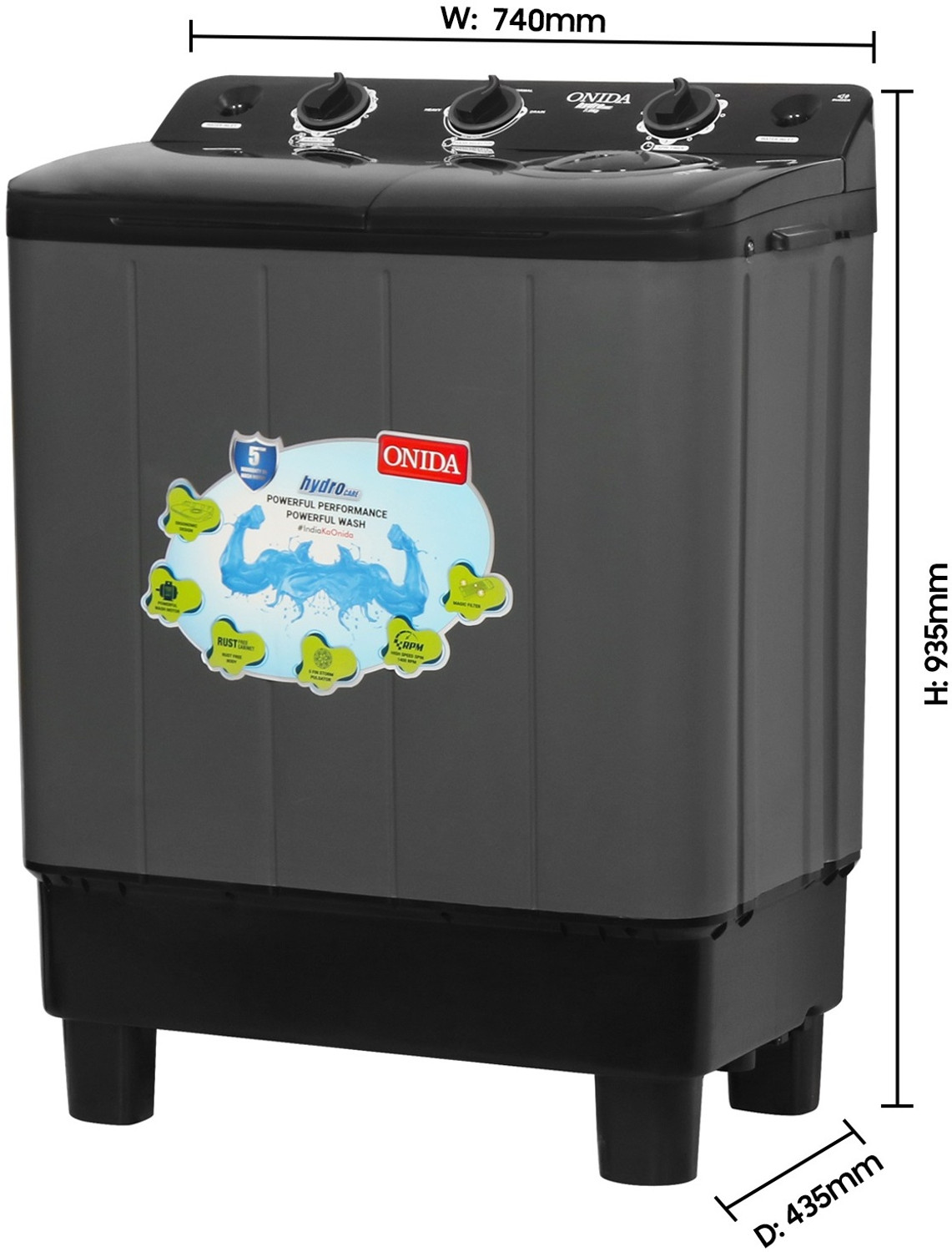 Image of ONIDA 7 kg 5 Star With Five-Fin Storm Pulsator Semi Automatic Top Load Washing Machine Black, Grey