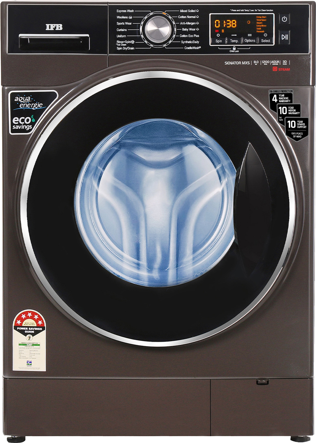 Image of IFB 8 kg 5 Star 2X Power Steam,Hard Water Wash Fully Automatic Front Load Washing Machine with In-built Heater Brown