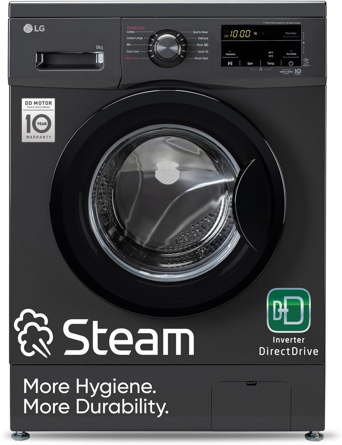 Image of LG 8 kg 5 Star with Steam, Inverter Direct Drive, 6 Motion Direct Drive, Touch Panel and 1400 RPM Fully Automatic Front Load Washing Machine with In-built Heater Black, Grey (FHM1408BDM)