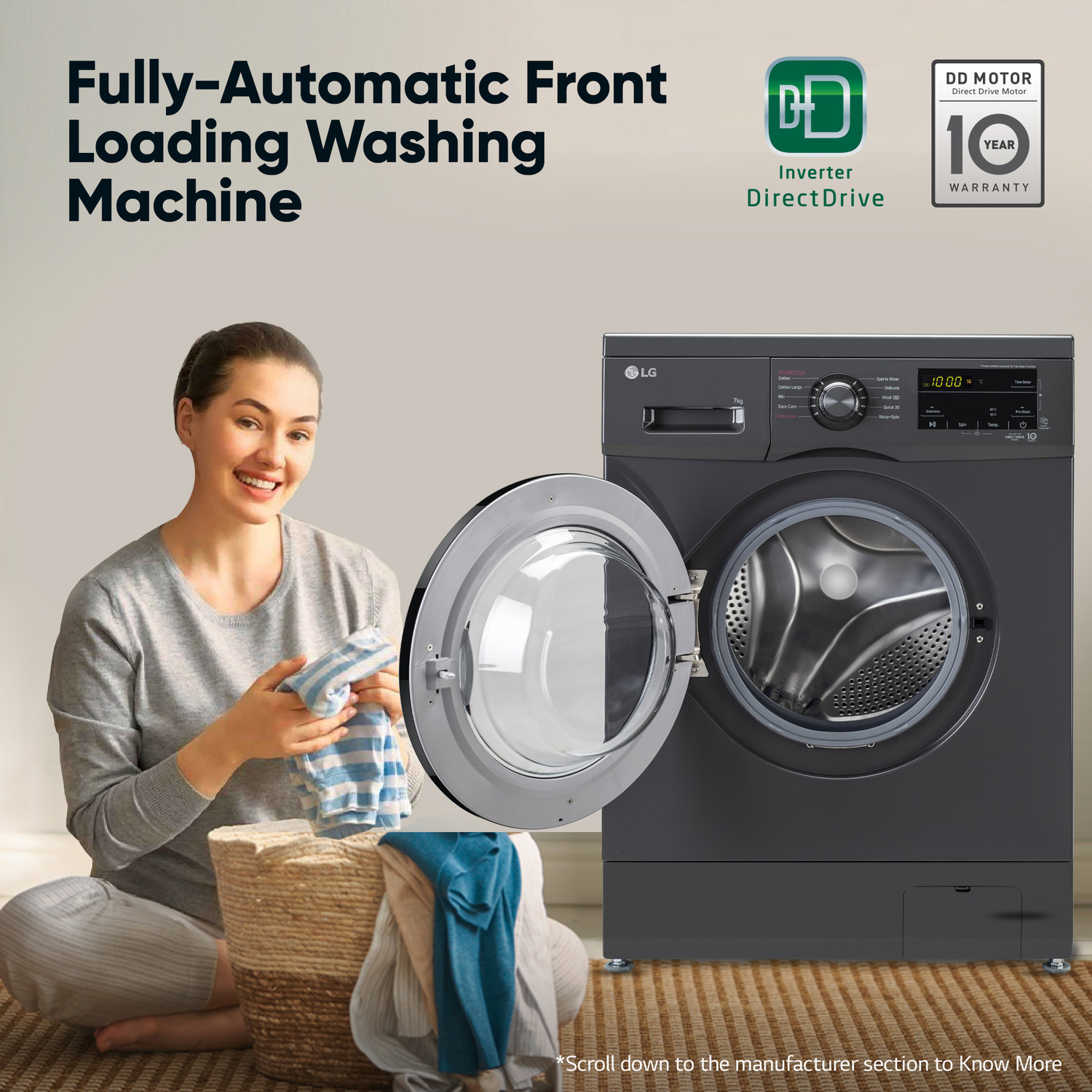 Image of LG 7 kg 5 Star with Steam, Inverter Direct Drive Technology, 6 Motion DD, Touch Panel and 1200 RPM Fully Automatic Front Load Washing Machine with In-built Heater Black, Grey (FHM1207SDM)