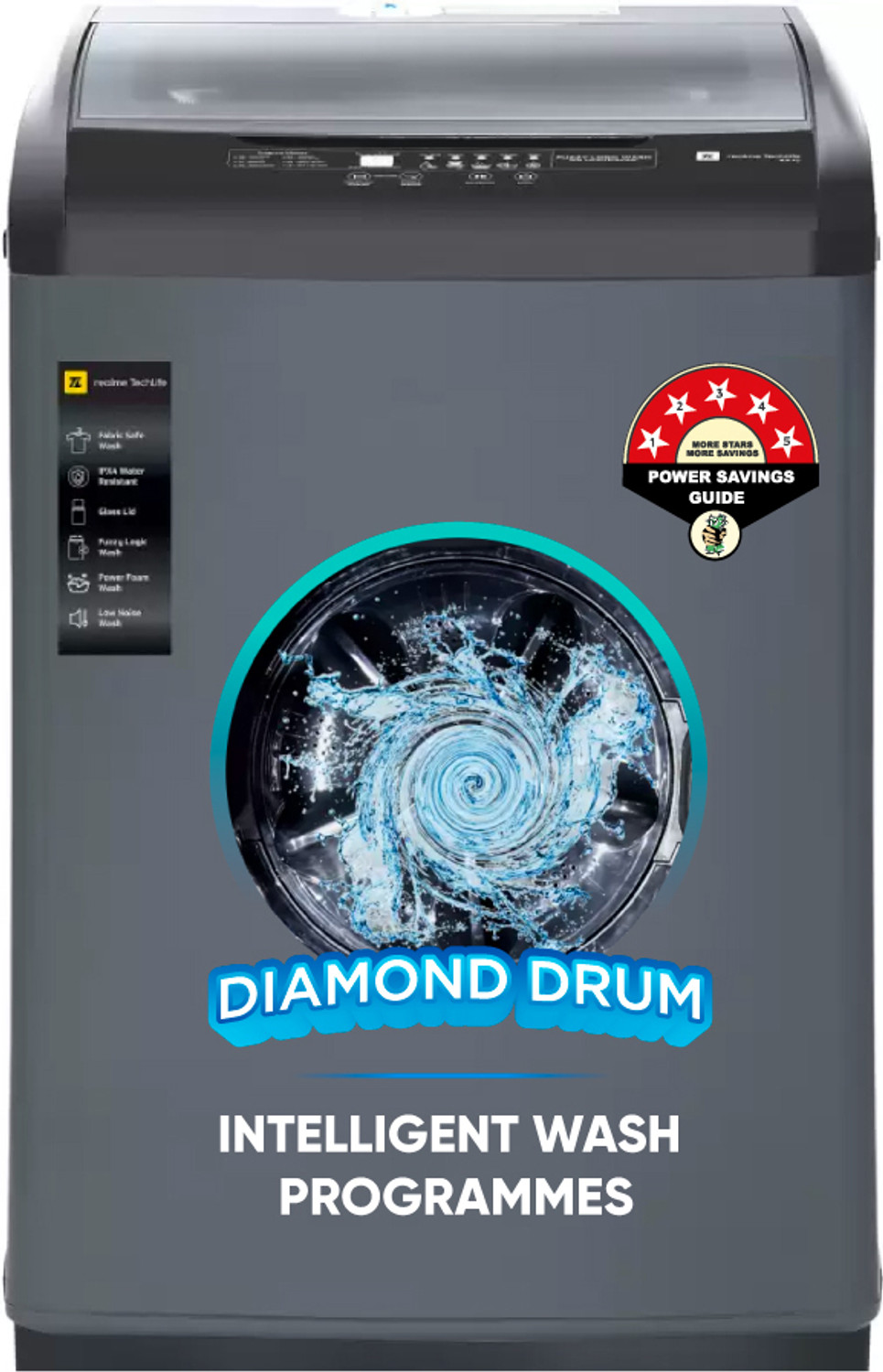 Image of realme TechLife 6.5 kg 5 Star Rating with Smart sensors Fully Automatic Top Load Black, Grey (RMTL655NNNDG)