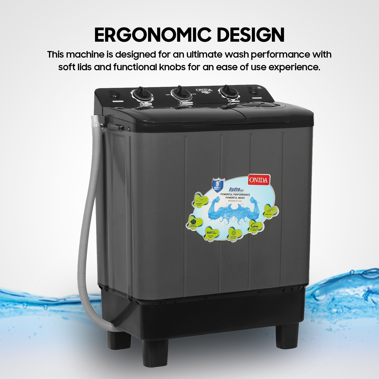 Image of ONIDA 7 kg 5 Star With Five-Fin Storm Pulsator Semi Automatic Top Load Washing Machine Black, Grey