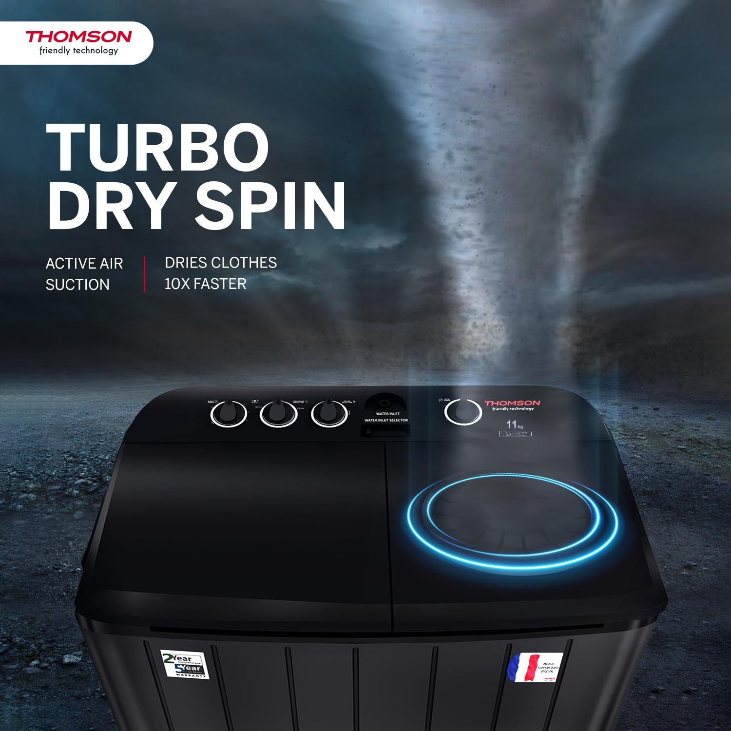 Image of Thomson 11 kg 5 Star Aqua Magic with Double Waterfall, Detergent Box, 3D Rollers Technology, Magic Filter, Collar Scrubber, Turbo Dry Technology, Semi Automatic Top Load Black, Semi Automatic Top Load Washing Machine Black, Grey