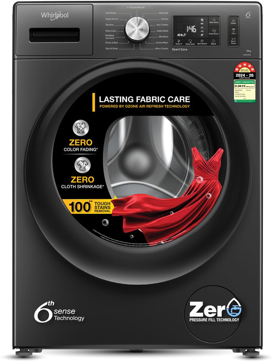 Whirlpool 9 kg Ozone Technology 5 Star Inverter 100+ Tough Stains, 1400 RPM Fully Automatic Front Load Washing Machine with In-built Heater Black, Gre...