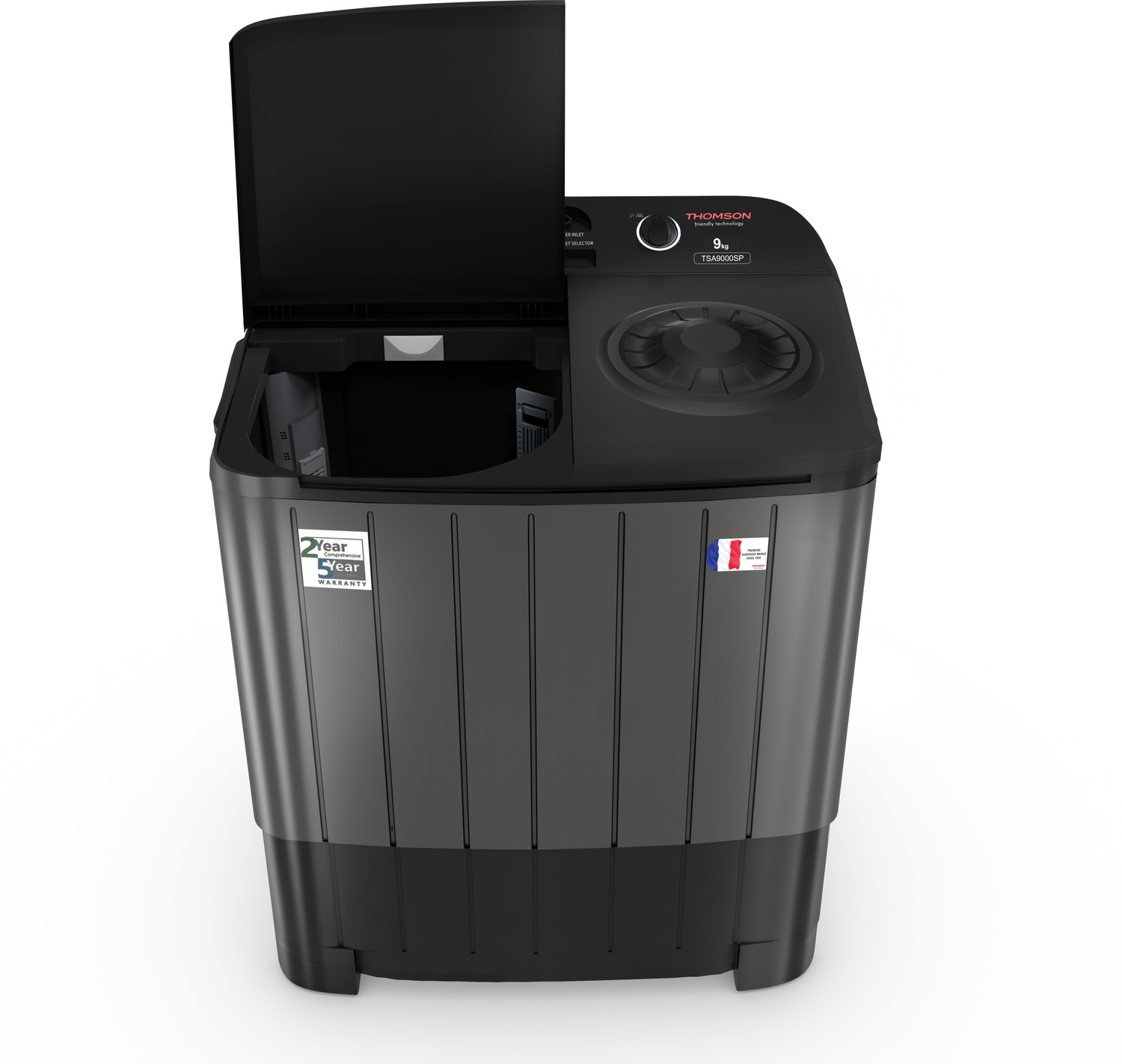 Image of Thomson 9 kg 5 Star Aqua Magic with Double Waterfall, Detergent Box, 3D Rollers Technology, Water Level Selector, Collar Scrubber, Turbo Dry Technology, Semi Automatic Top Load Washing Machine Black