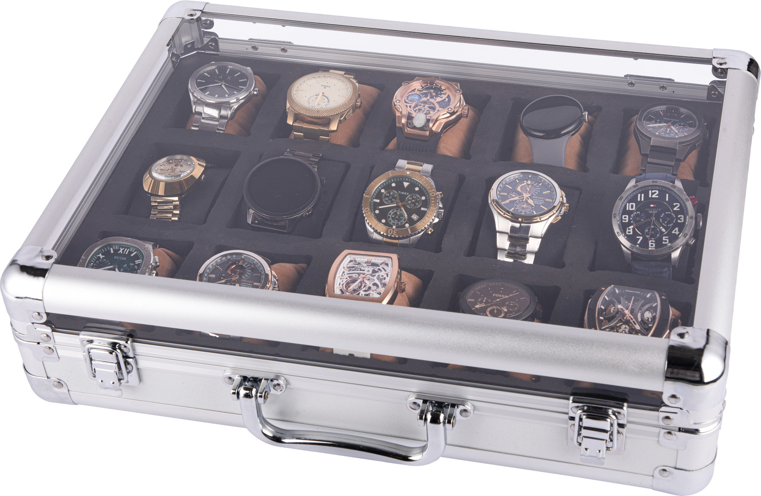 Image of Bharat Packs Premium Aluminum Watch Case Watch Box (Chrome Silver, Transparent, Holds 15 Watches)