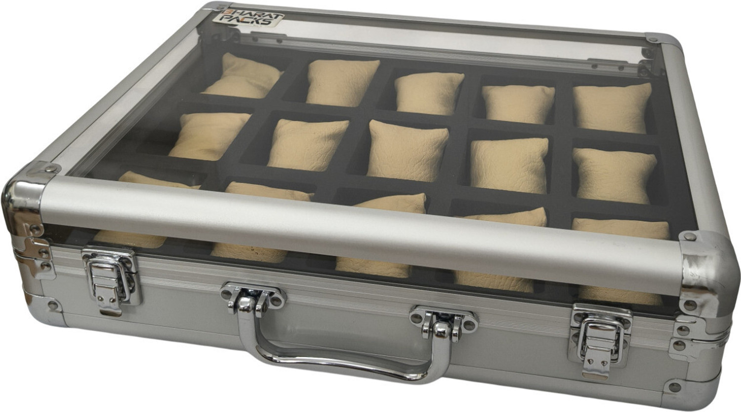 Image of Bharat Packs Premium Aluminum Watch Case Watch Box (Chrome Silver, Transparent, Holds 15 Watches)