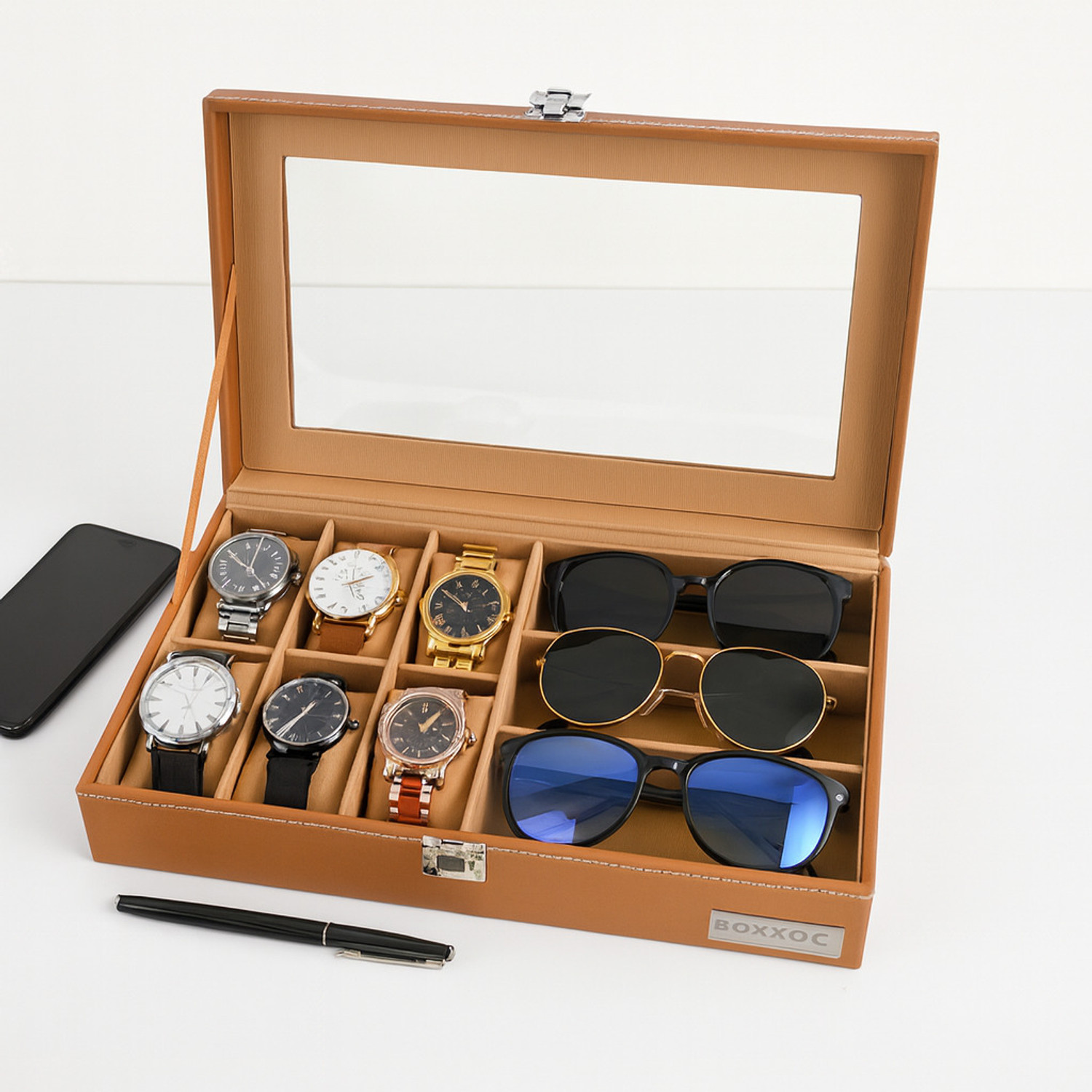 Image of Bharat Packs Premium Aluminum Watch Case Watch Box (Chrome Silver, Transparent, Holds 15 Watches)
