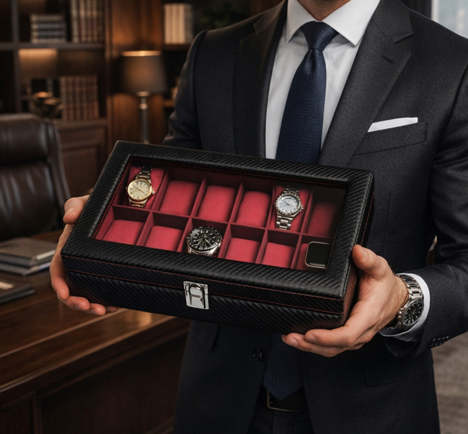 Image of Bharat Packs Premium Aluminum Watch Case Watch Box (Chrome Silver, Transparent, Holds 15 Watches)