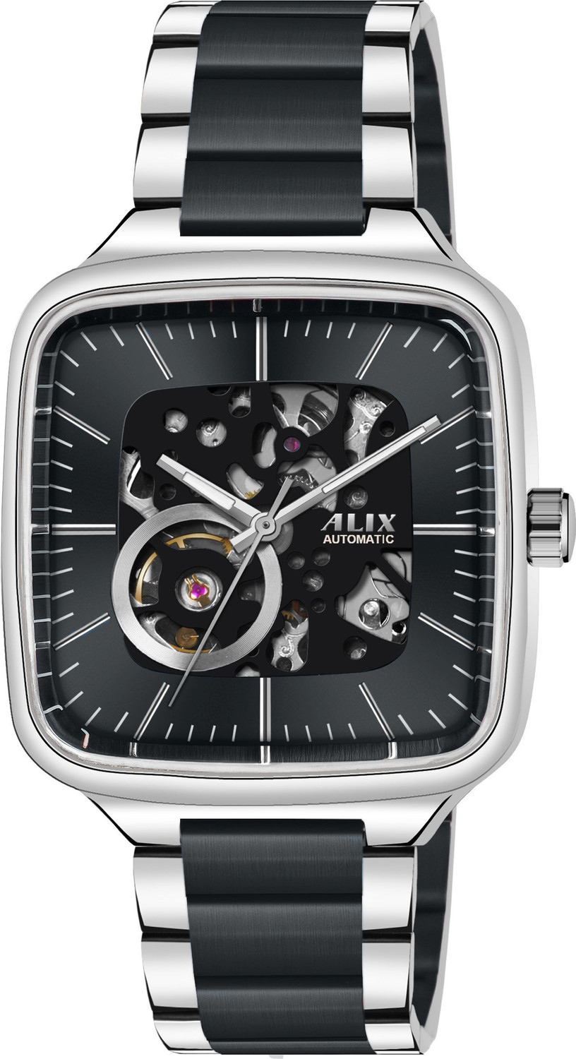 Image of Alix Stainless Steel Silver and Black Two Tone Strap with square skeleton dial Analog Watch - For Men AL2914 Automatic Square Dial