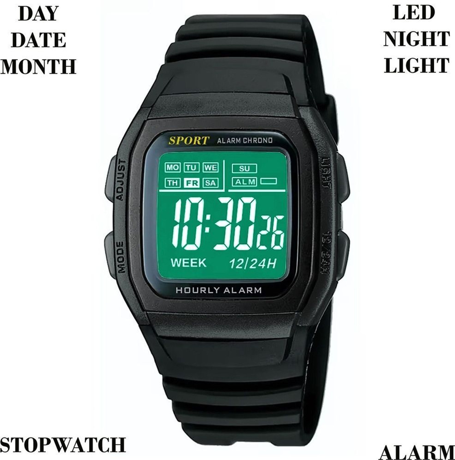 Image of Likezora Classic Black Digital Sports Watch with Alarm, Day-Date Display & 12 /24H Boys Digital Watch - For Boys & Girls SPRT-DIGI-1130-BLK