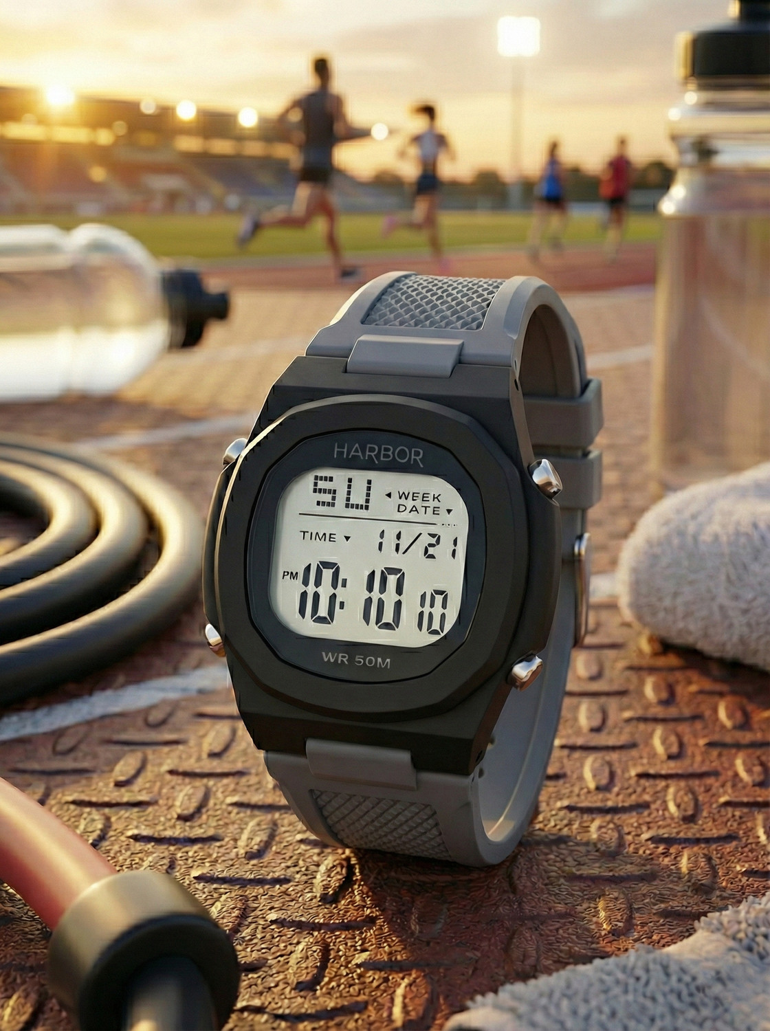 Image of Harbor Grey Strap Modern Best Sport Use Digital Sports Watch For Men Digital Watch - For Men bold black case paired with a stylish grey textured strap modern Digital Watch