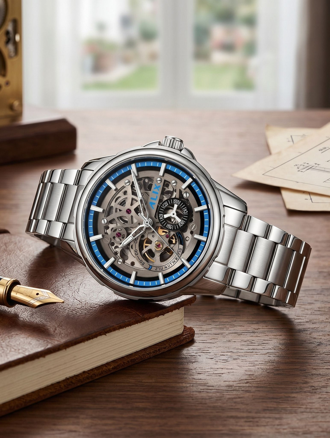 Image of Alix Silver Stainless Steel Sport Mechanical dial with working second chronograph Analog Watch - For Men AL2918 Classical Element
