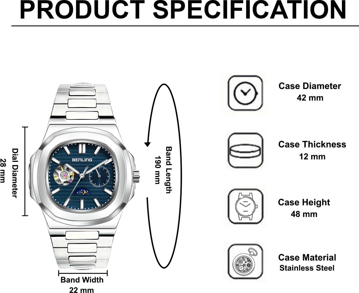 Image of Benling Regalia Series Automatic Watch for Men Analog Watch - For Men - Open Heart Dial with Moonphase | Stainless Steel Chain