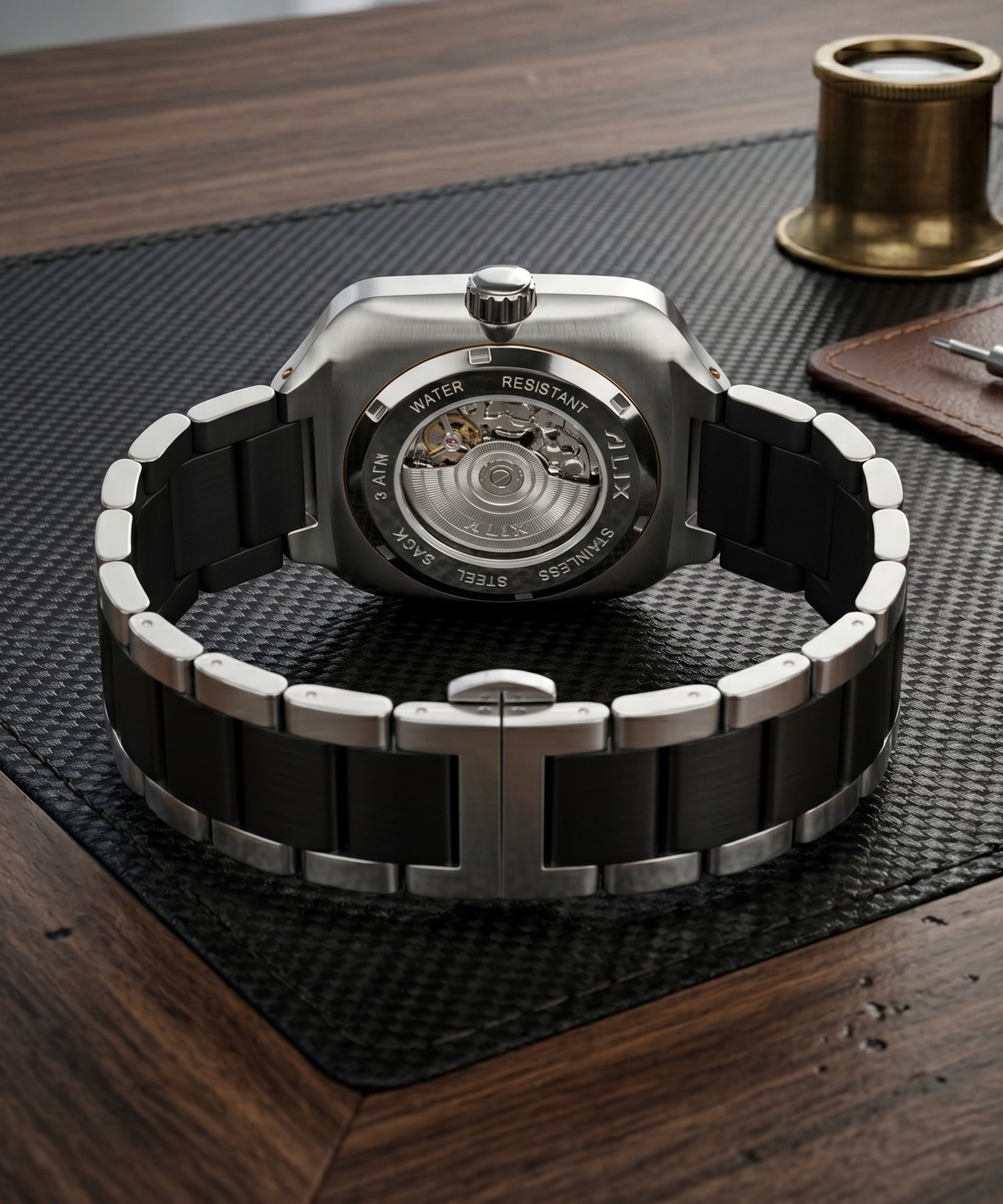 Image of Alix Stainless Steel Silver and Black Two Tone Strap with square skeleton dial Analog Watch - For Men AL2914 Automatic Square Dial