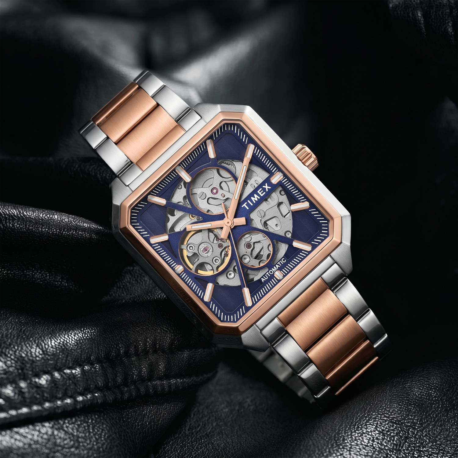 Image of Alix Stainless Steel Silver and Black Two Tone Strap with square skeleton dial Analog Watch - For Men AL2914 Automatic Square Dial