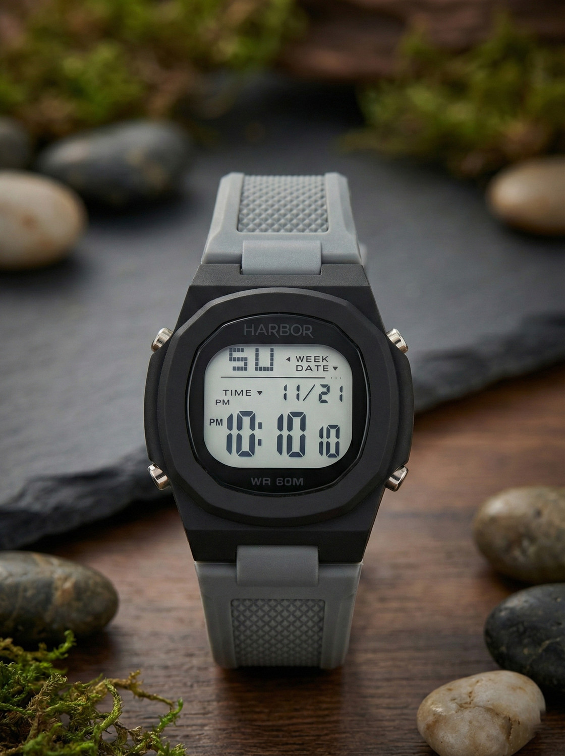 Image of Harbor Grey Strap Modern Best Sport Use Digital Sports Watch For Men Digital Watch - For Men bold black case paired with a stylish grey textured strap modern Digital Watch