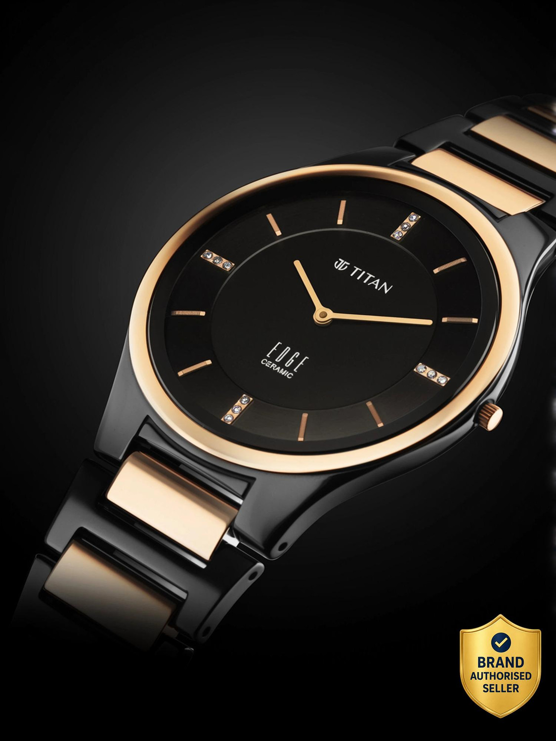 Titan Edge Ceramic Quartz in Midnight Gold with Diamonds and Black Dial Analog Watch - For Men