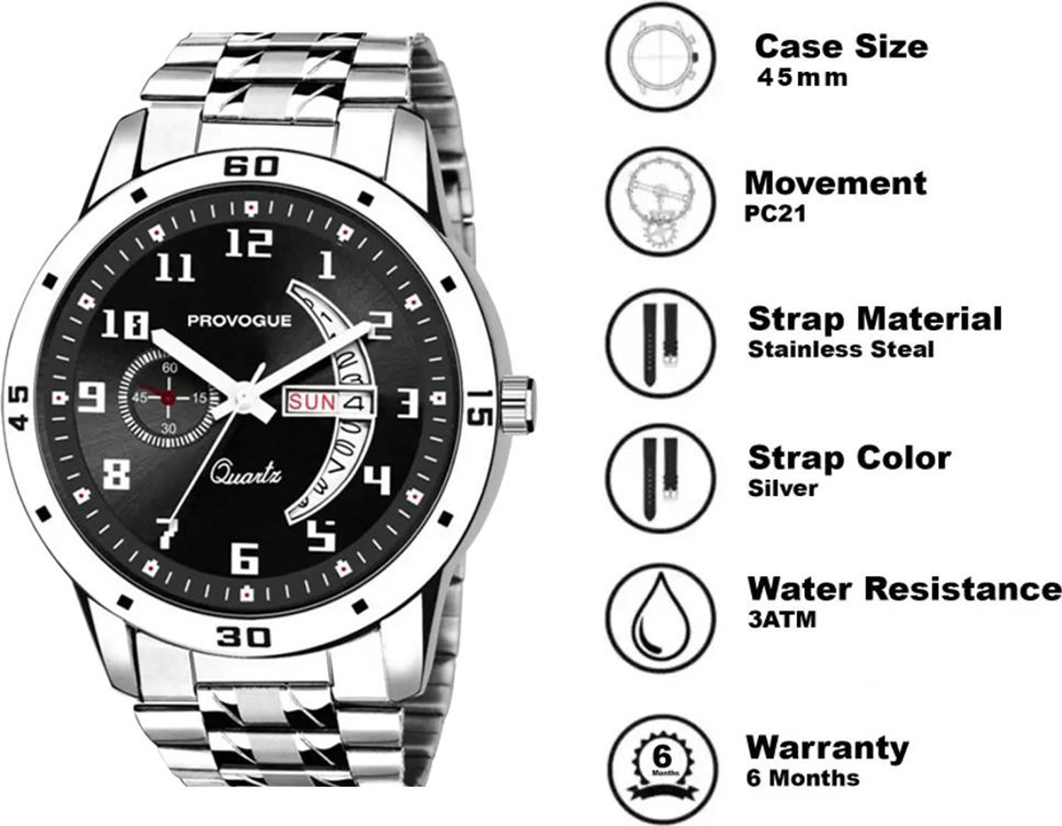 Image of PROVOGUE Gifting and boys Classy Look Black Dial and Sliver Chain Analog Watch - For Men