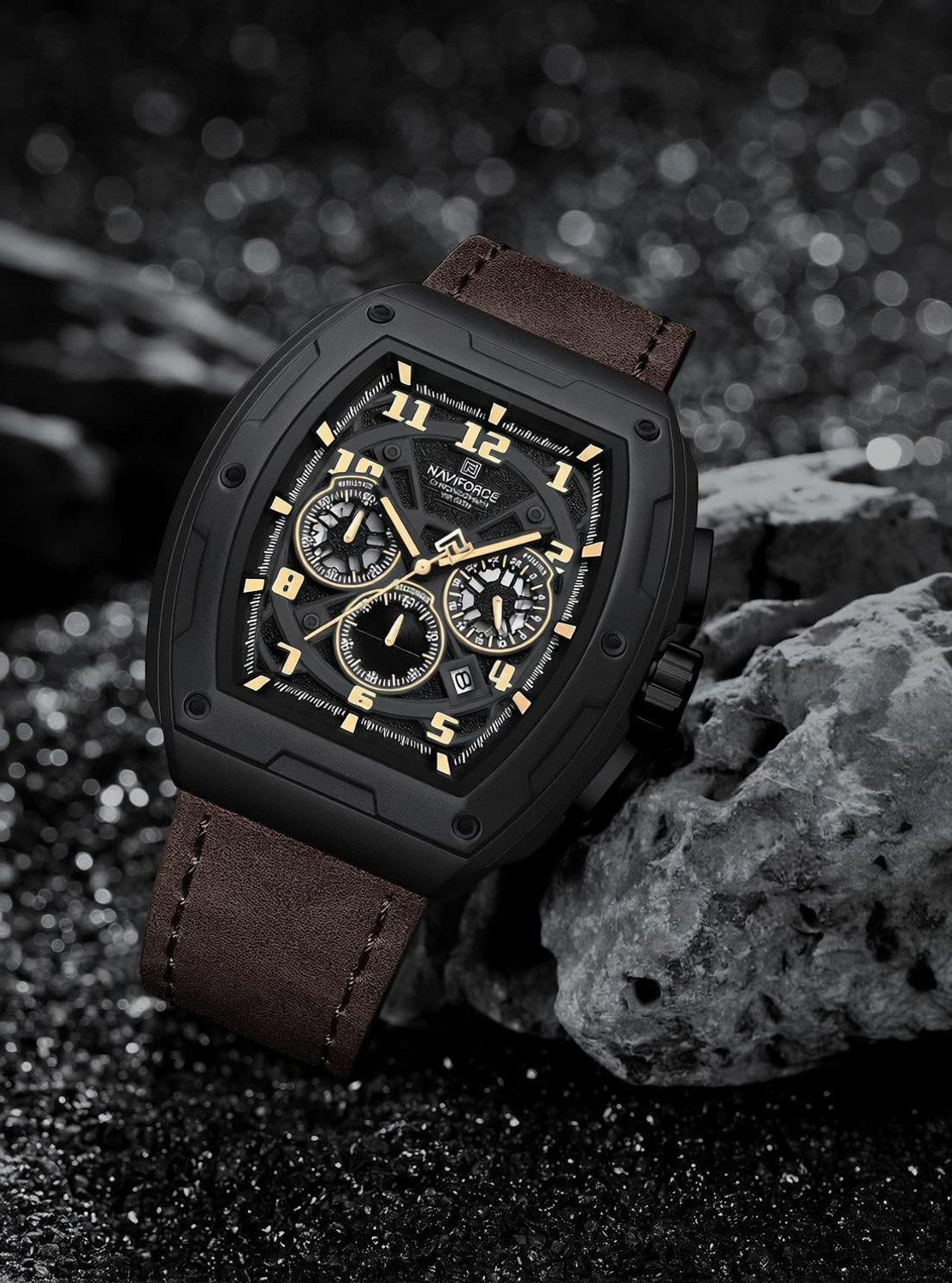 NAVIFORCE NF8053 Dynamic view Black multifunctional dial with Dark Brown genuine leather strap Analog Watch - For Men