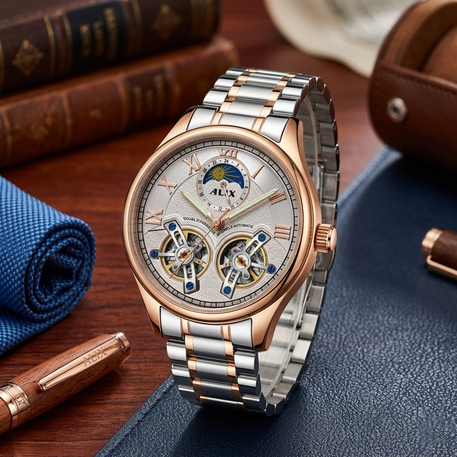 Image of Alix Stainless Steel Silver and Black Two Tone Strap with square skeleton dial Analog Watch - For Men AL2914 Automatic Square Dial