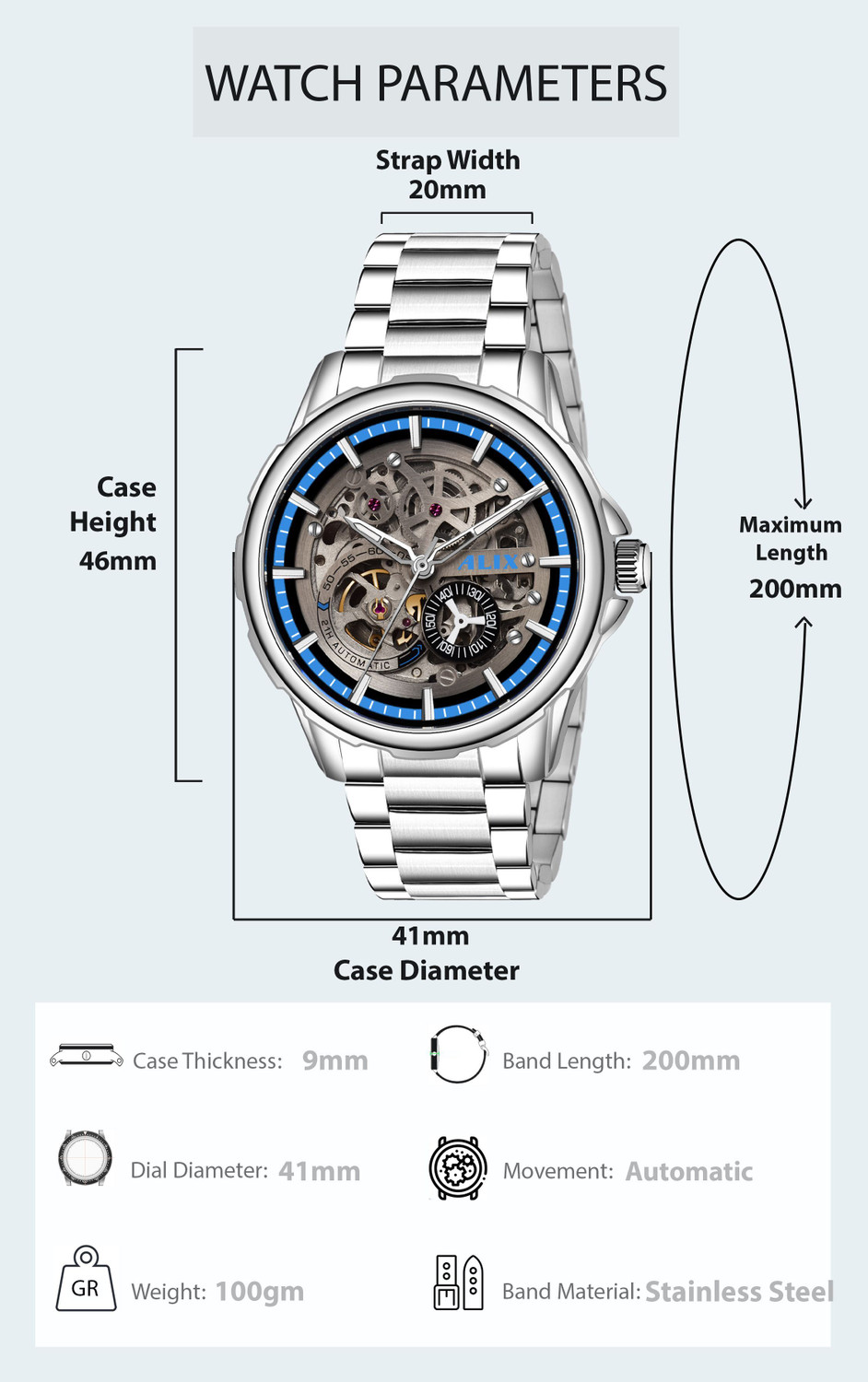 Image of Alix Silver Stainless Steel Sport Mechanical dial with working second chronograph Analog Watch - For Men AL2918 Classical Element