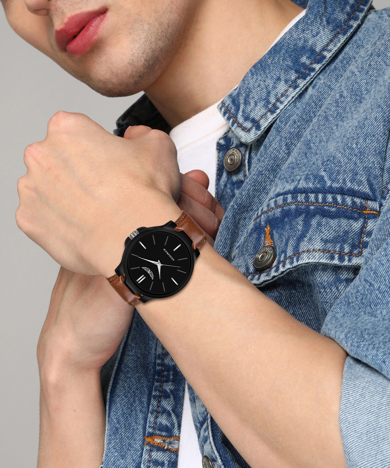 Image of ANALOGUE Midnight Black Dial and Caramel Brown Synthetic Leather Wrinkle-Free Strap Midnight Black Dial and Caramel Brown Synthetic Leather Wrinkle-Free Strap Analog Watch - For Men