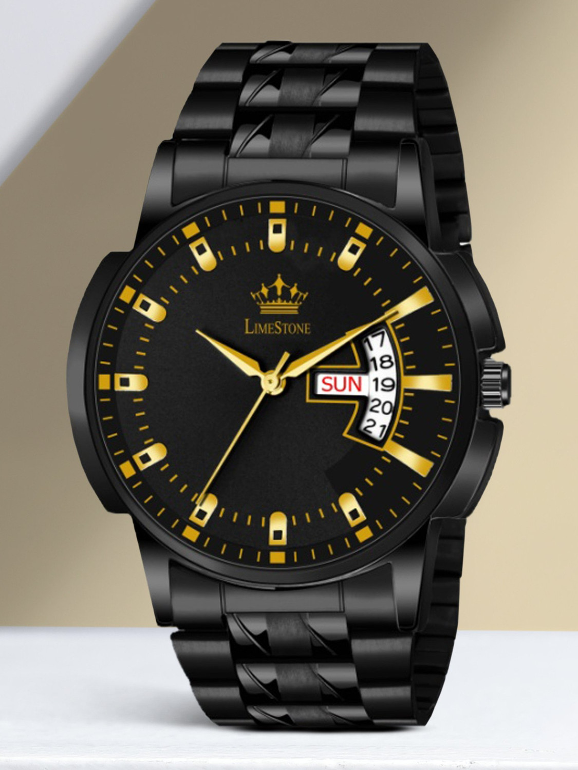 LS3059 All Black Day &amp; Date Functioning Long Life Black Plated Chain HMTS Quartz Analog Watch  - For Men
