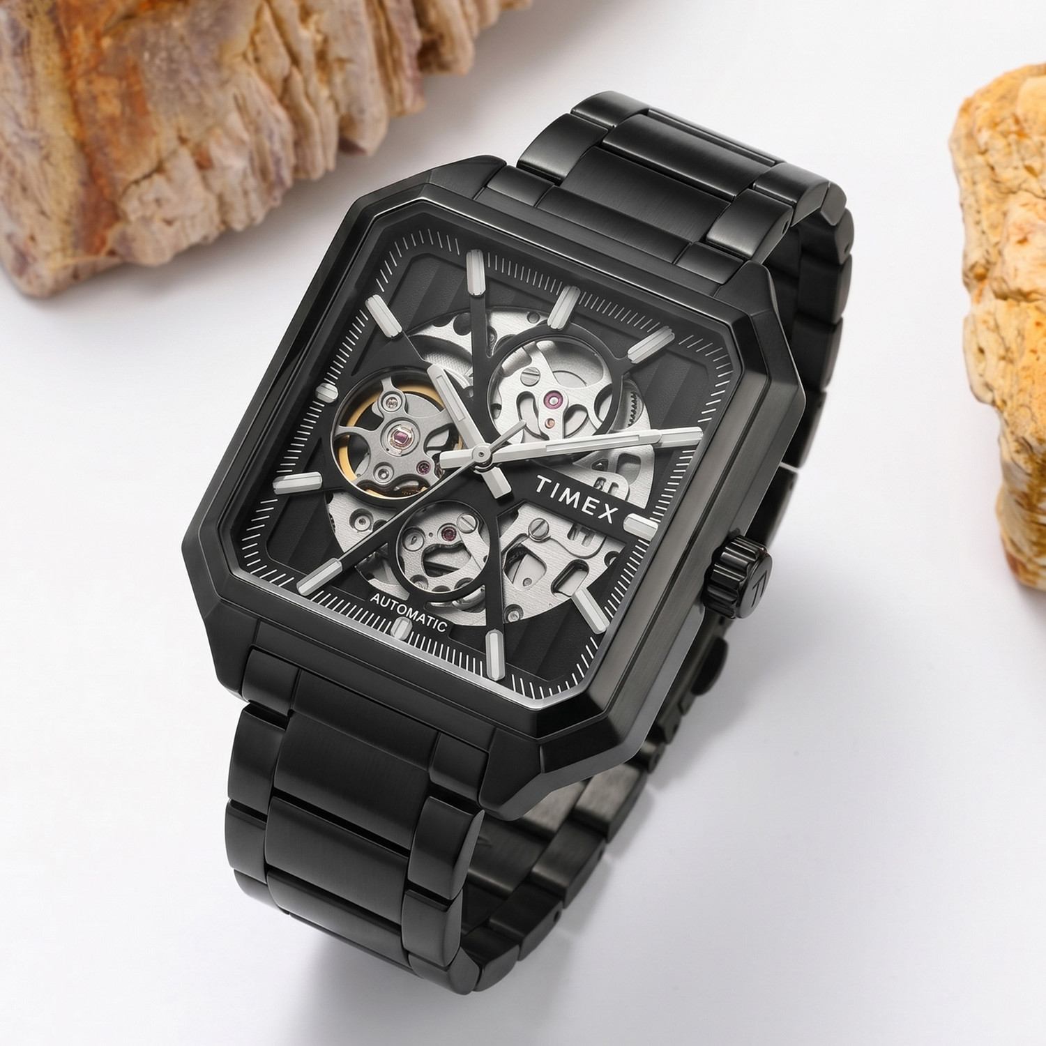 Image of Alix Stainless Steel Silver and Black Two Tone Strap with square skeleton dial Analog Watch - For Men AL2914 Automatic Square Dial