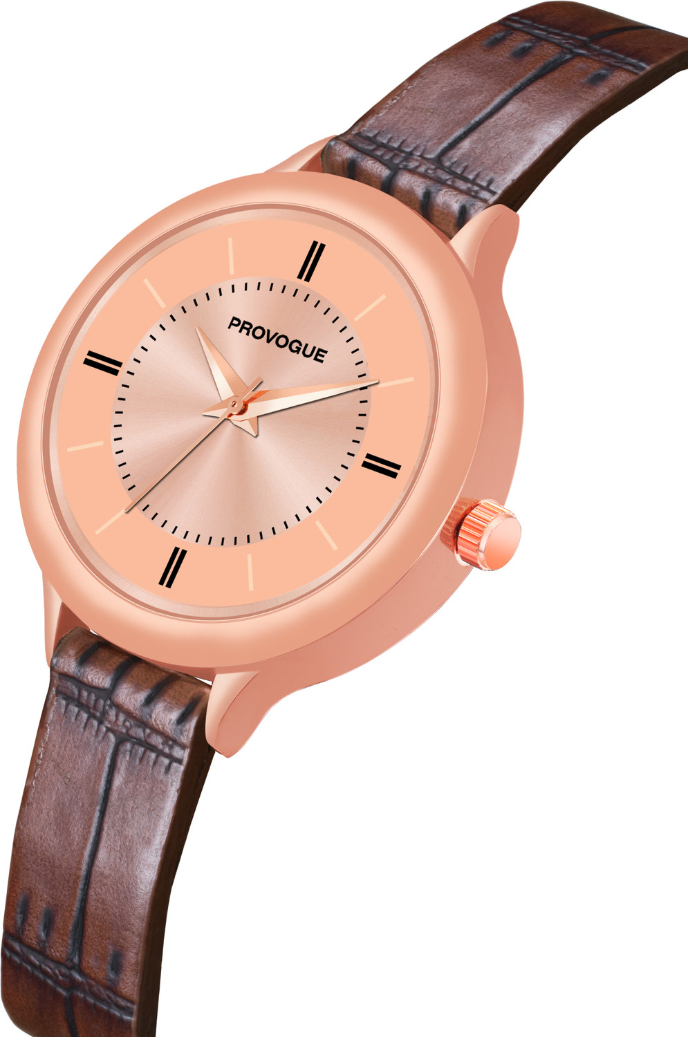 PROVOGUE 3D Rose Gold Brown Leather Strap Girls Quartz Analog