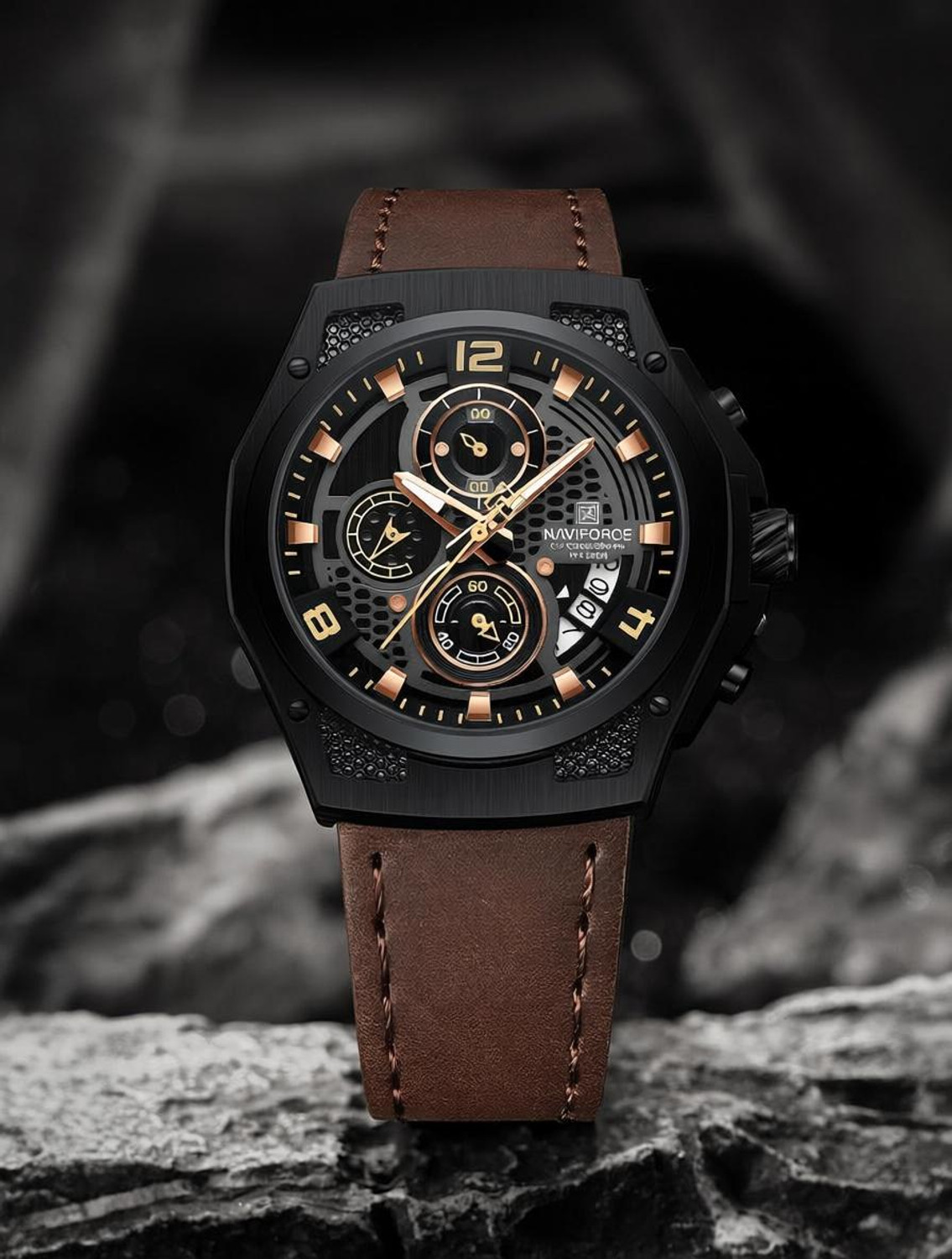 Image of NAVIFORCE Brown Men's Trendy Leather Strap Sports Waterproof Luminous Analog Watch - For Men NF9248L Simple and stylish