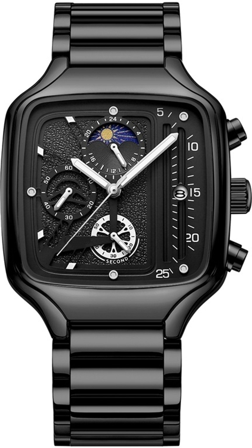 Image of Alix Stainless Steel Silver and Black Two Tone Strap with square skeleton dial Analog Watch - For Men AL2914 Automatic Square Dial