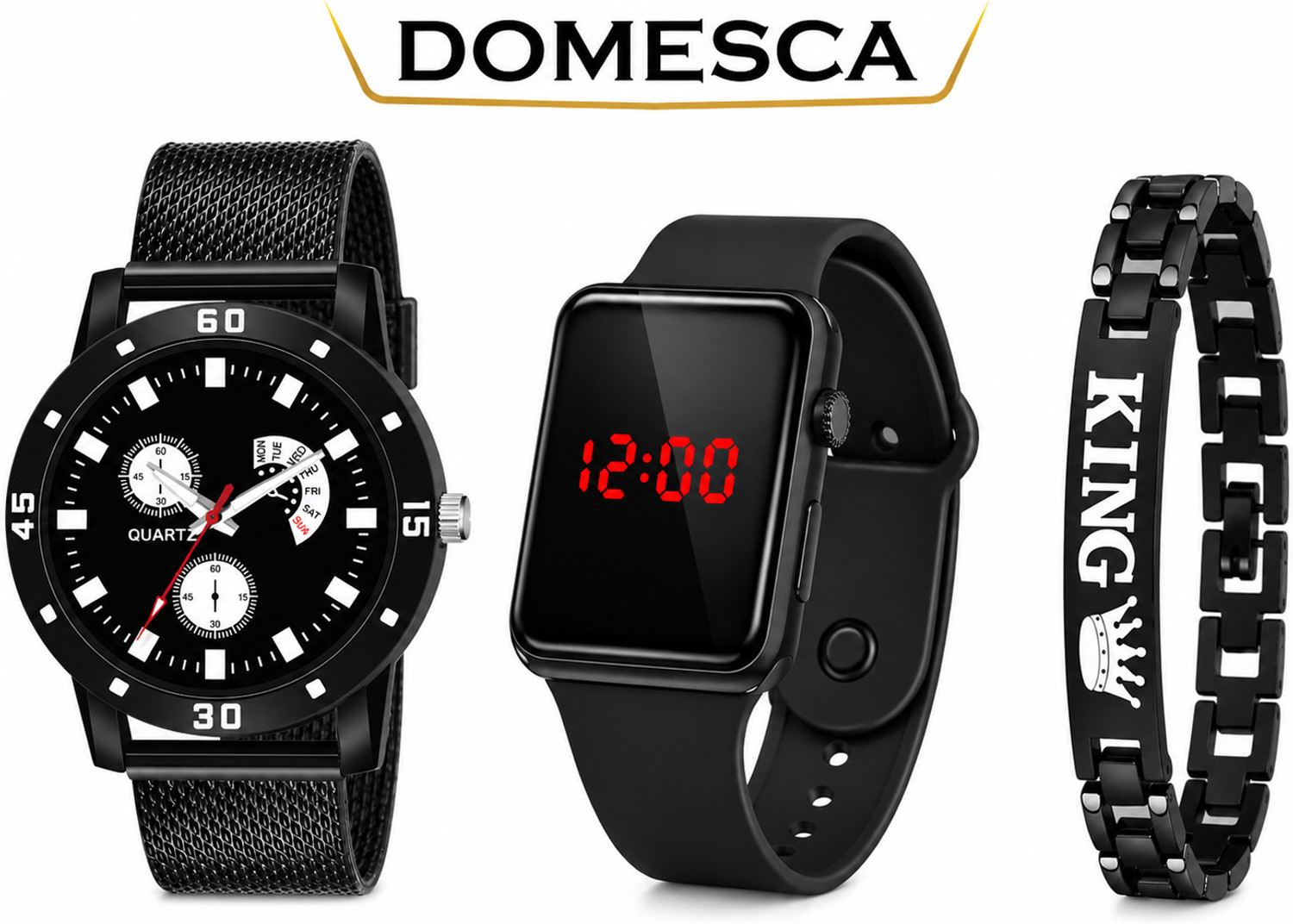 FULL BLACK FANCY DIAL SPORT PU BELT WATCH &amp; KING BRECELET PACK OF 3 Analog Watch  - For Boys