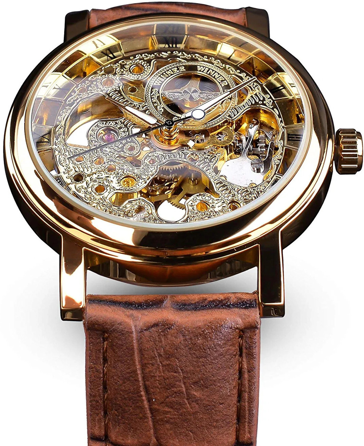 RCeles Skeleton Gold Automatic Self Winding Wrist Watch Self Winding See Through Mechanical MotorCycle Retro Skeleton Automatic Analog Watch For Men Price History