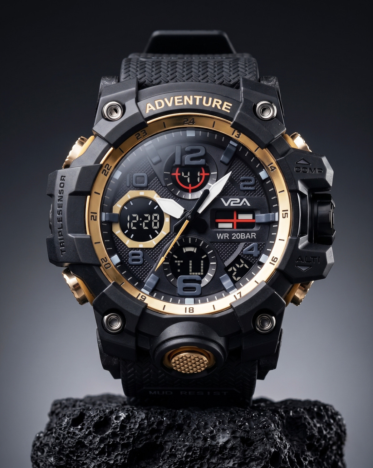 Trendy Casual Sports Military Shock-Resistant Black-Gold Unique Best Selling Waterproof Analog-Digital Watch  - For Men