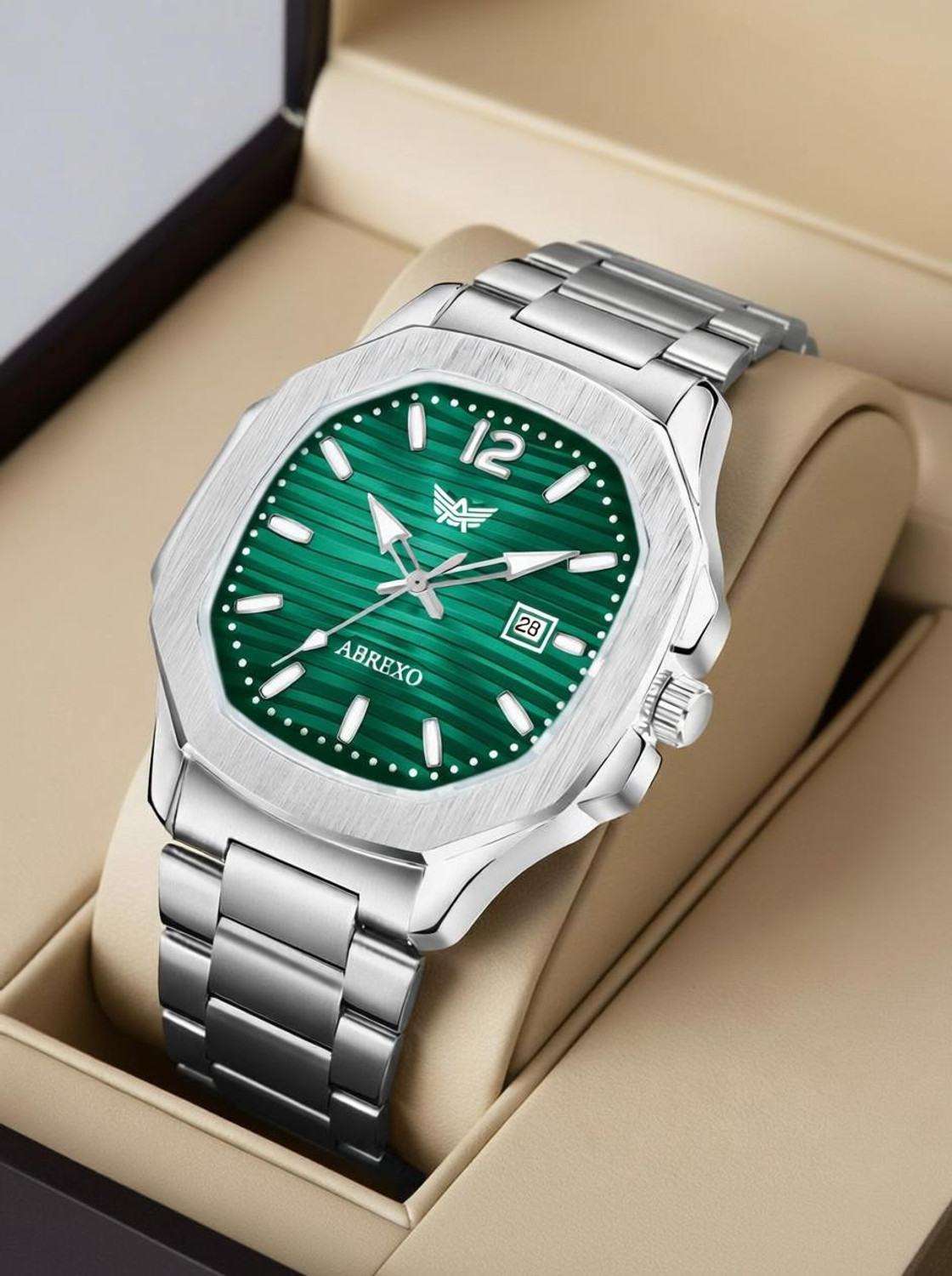ABREXO Abx4569-Green Silver Nautilus Series Date Working Square Green Dial Silver Quartz Watch For Boys Analog Watch - For Men