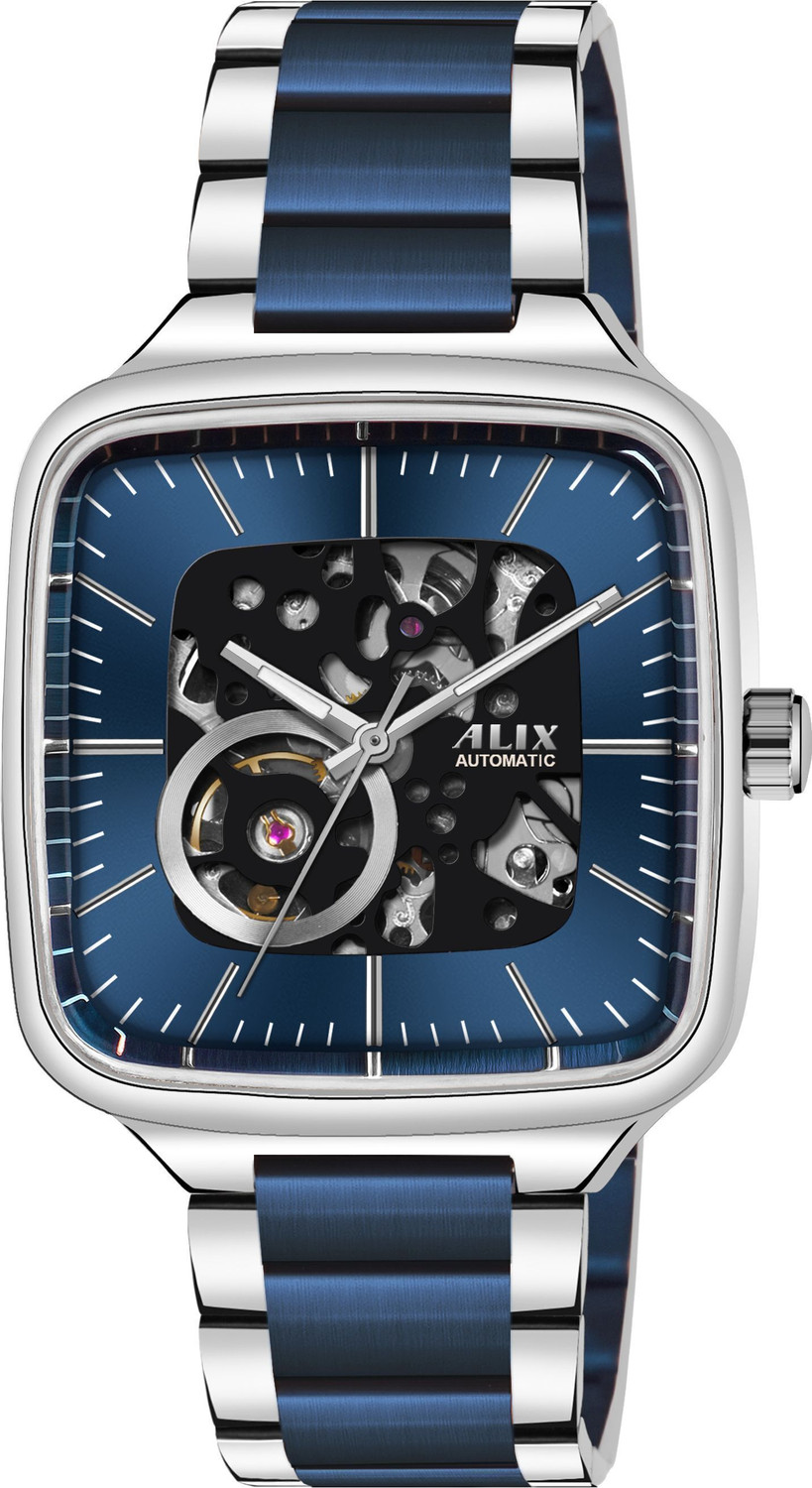 Image of Alix Stainless Steel Silver and Black Two Tone Strap with square skeleton dial Analog Watch - For Men AL2914 Automatic Square Dial