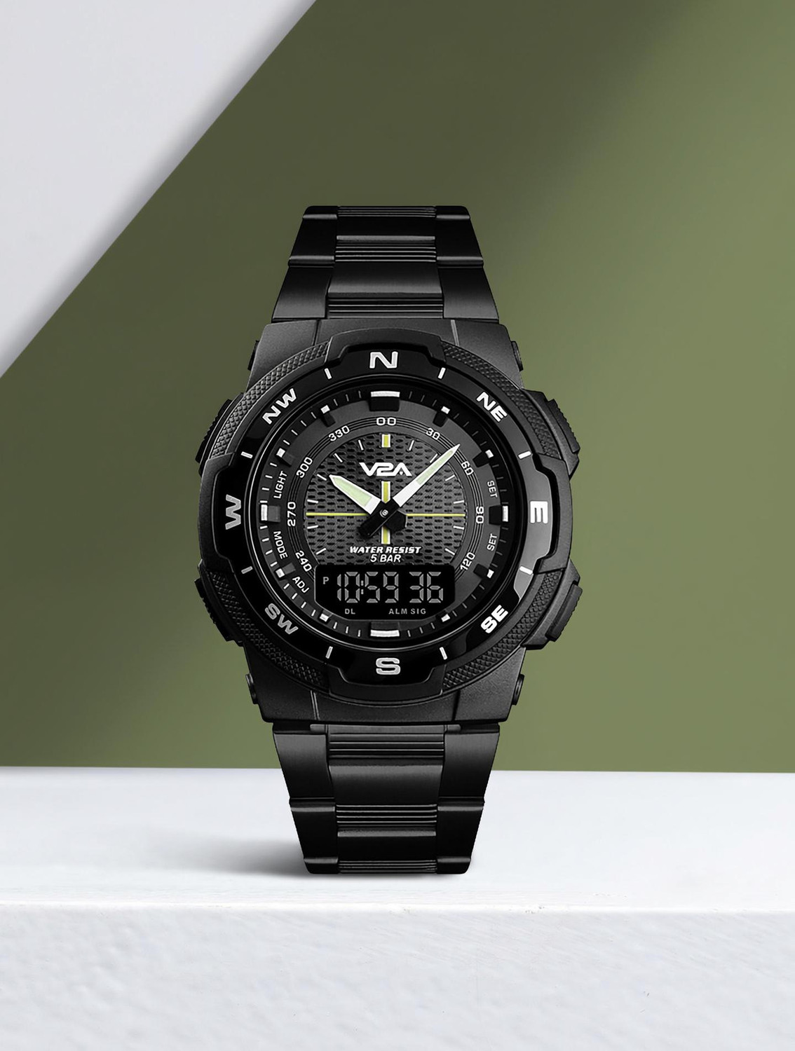 Black Stainless Steel Fashionable Business Casual Analog-Digital Analog-Digital Watch  - For Men