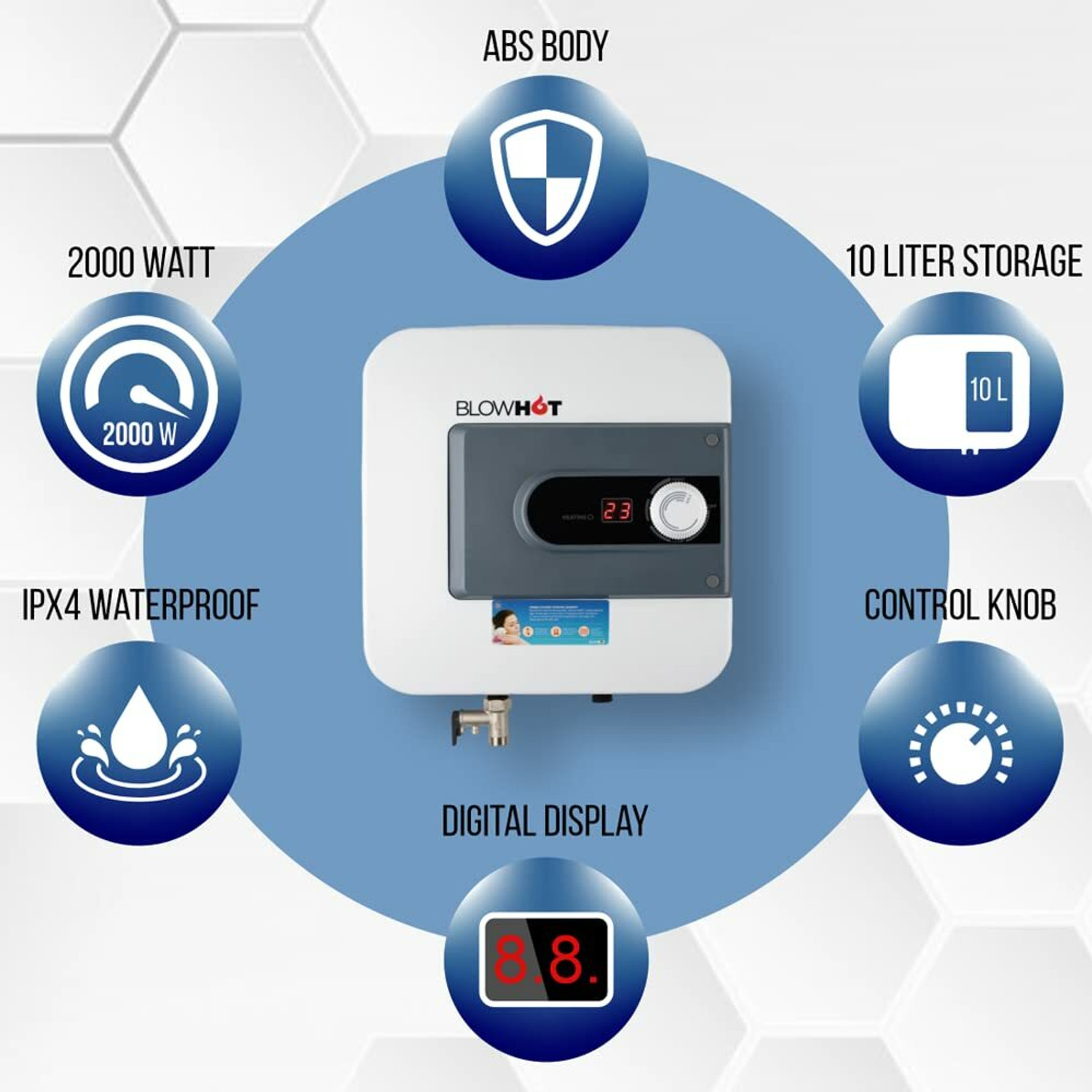 Image of BLOWHOT Instant Electric 10 Litre Storage Water Heater | Auto CUT-OFF (2000 Watt, 7 Year Warranty, 50Hz, 230V) with Low Power Consumption With 5 Star Rating 10 L Storage Water Geyser