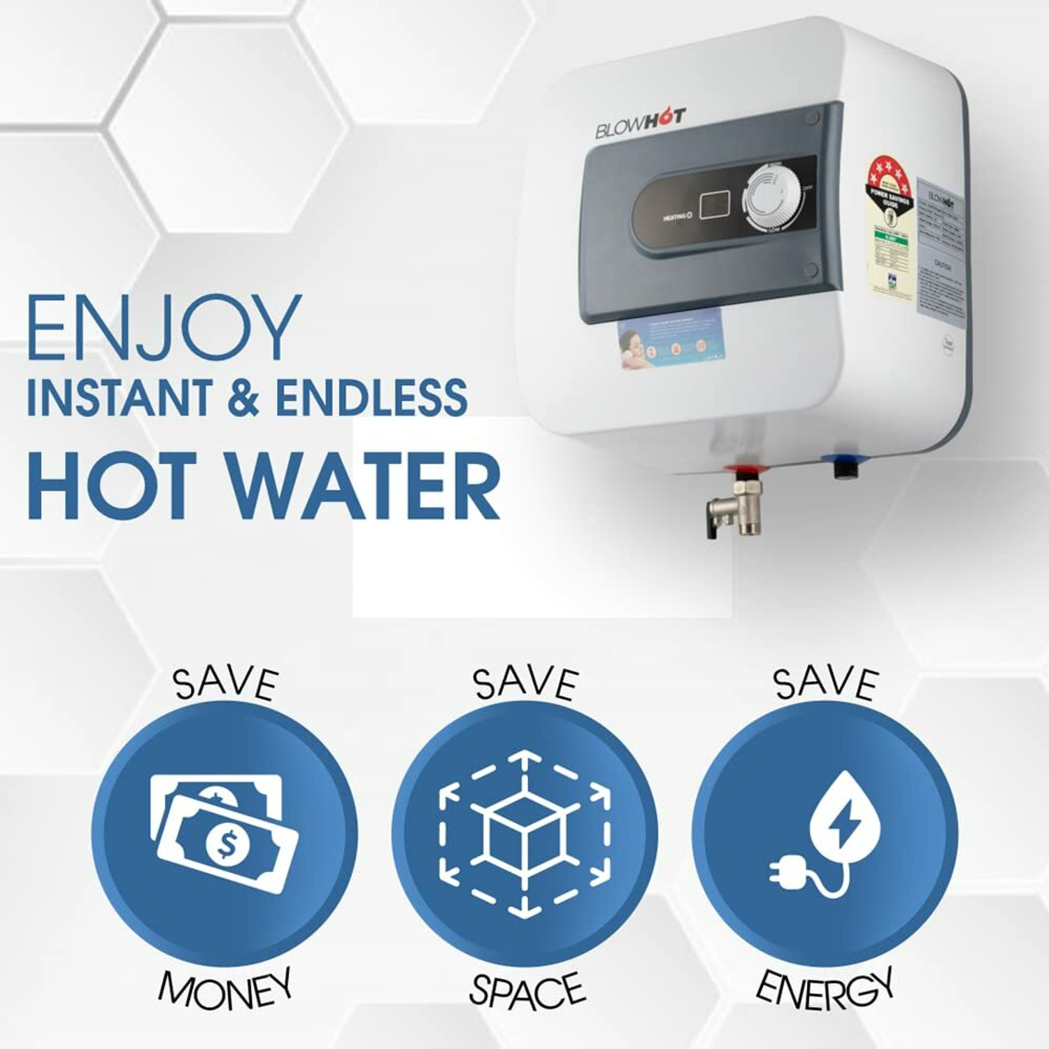 Image of BLOWHOT Instant Electric 10 Litre Storage Water Heater | Auto CUT-OFF (2000 Watt, 7 Year Warranty, 50Hz, 230V) with Low Power Consumption With 5 Star Rating 10 L Storage Water Geyser