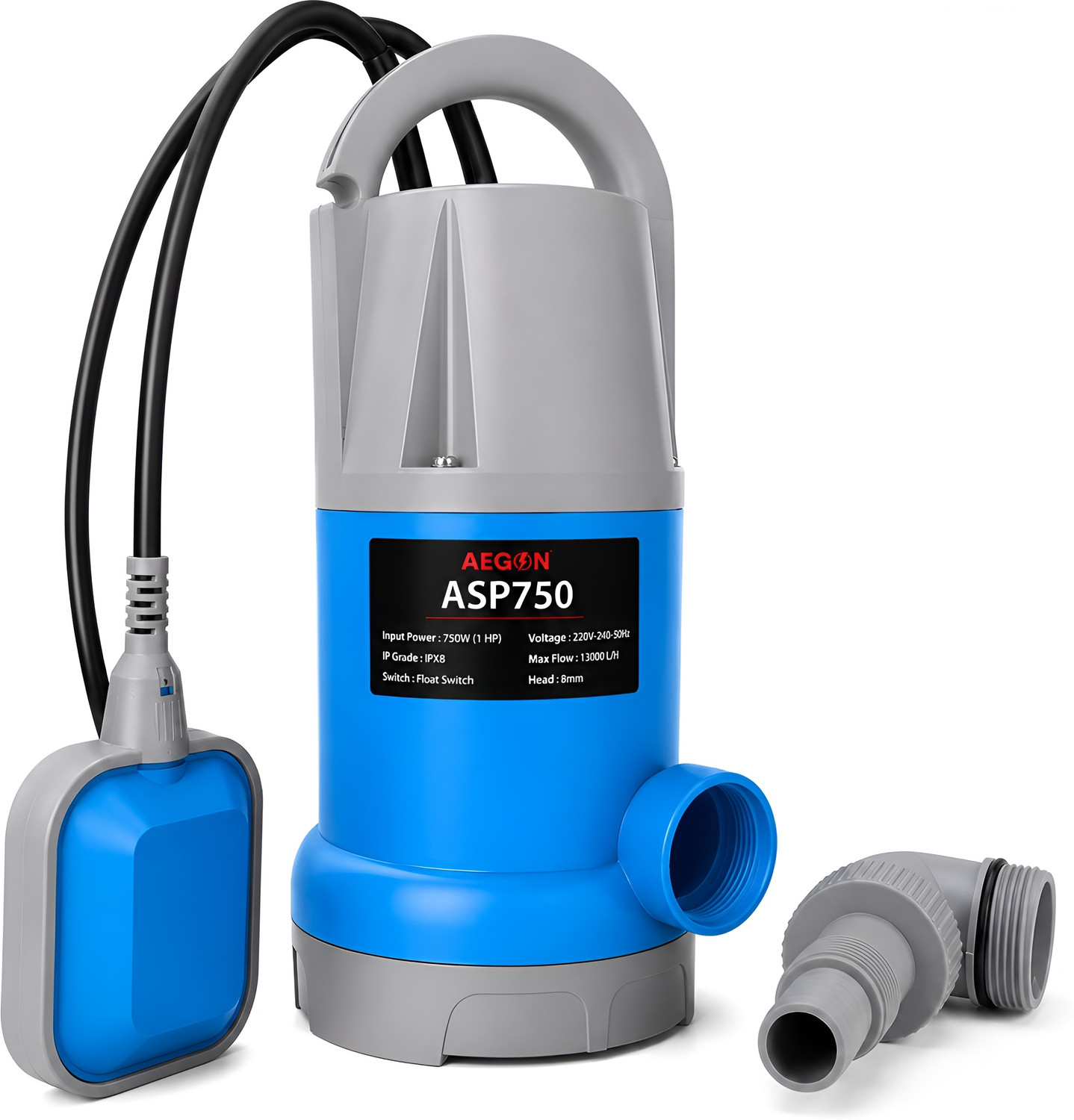 Image of AEGON ASP750 1hp, 750W Single Phase Sewage IPX8, 13000 L /H, Max Height 8m, Depth 7m Submersible Water Pump (1 hp)