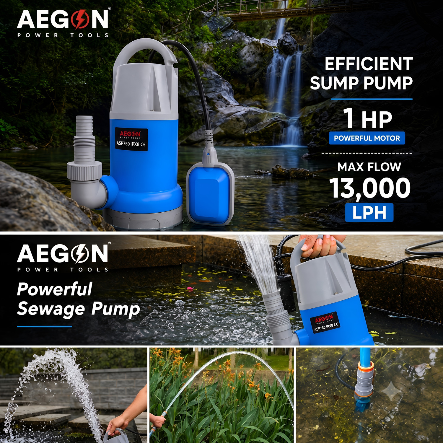 Image of AEGON ASP750 1hp, 750W Single Phase Sewage IPX8, 13000 L /H, Max Height 8m, Depth 7m Submersible Water Pump (1 hp)