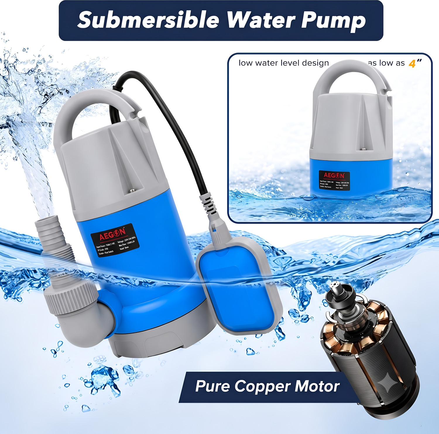 Image of AEGON ASP750 1hp, 750W Single Phase Sewage IPX8, 13000 L /H, Max Height 8m, Depth 7m Submersible Water Pump (1 hp)