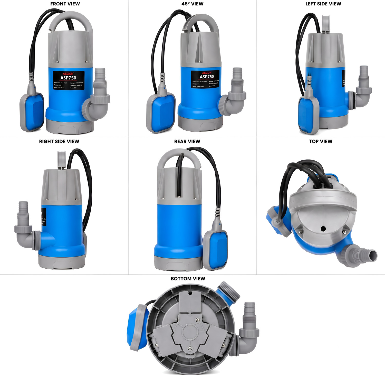 Image of AEGON ASP750 1hp, 750W Single Phase Sewage IPX8, 13000 L /H, Max Height 8m, Depth 7m Submersible Water Pump (1 hp)