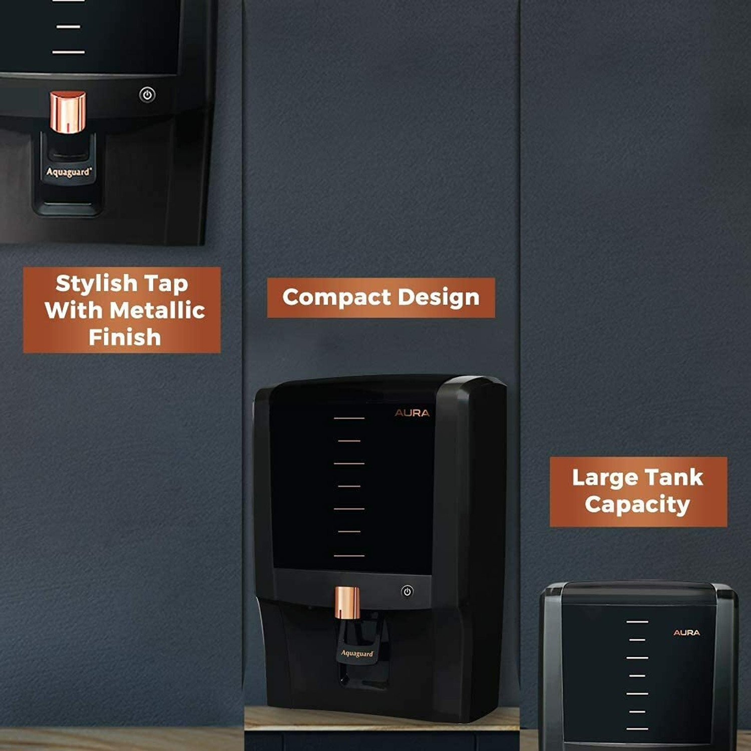 Image of Aquaguard Aura 7 L UV + UF Water Purifier with Active Copper Tech | 8-Stage Purification | Suitable only for Municipality Water Supply (Black)