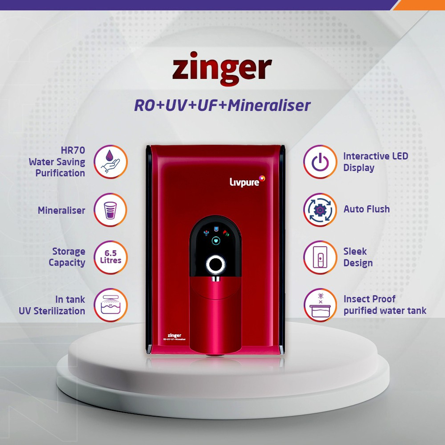 Image of LIVPURE LIV-ZINGER-HR 6.5 L RO + UV + UF + Minerals Water Purifier
