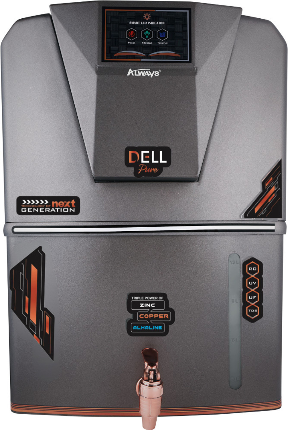Always Dellpure Metallic with LED display and Pre filter 10 stage 12 L RO + UV + UF + TDS Control + Alkaline + UV in Tank Water Purifier