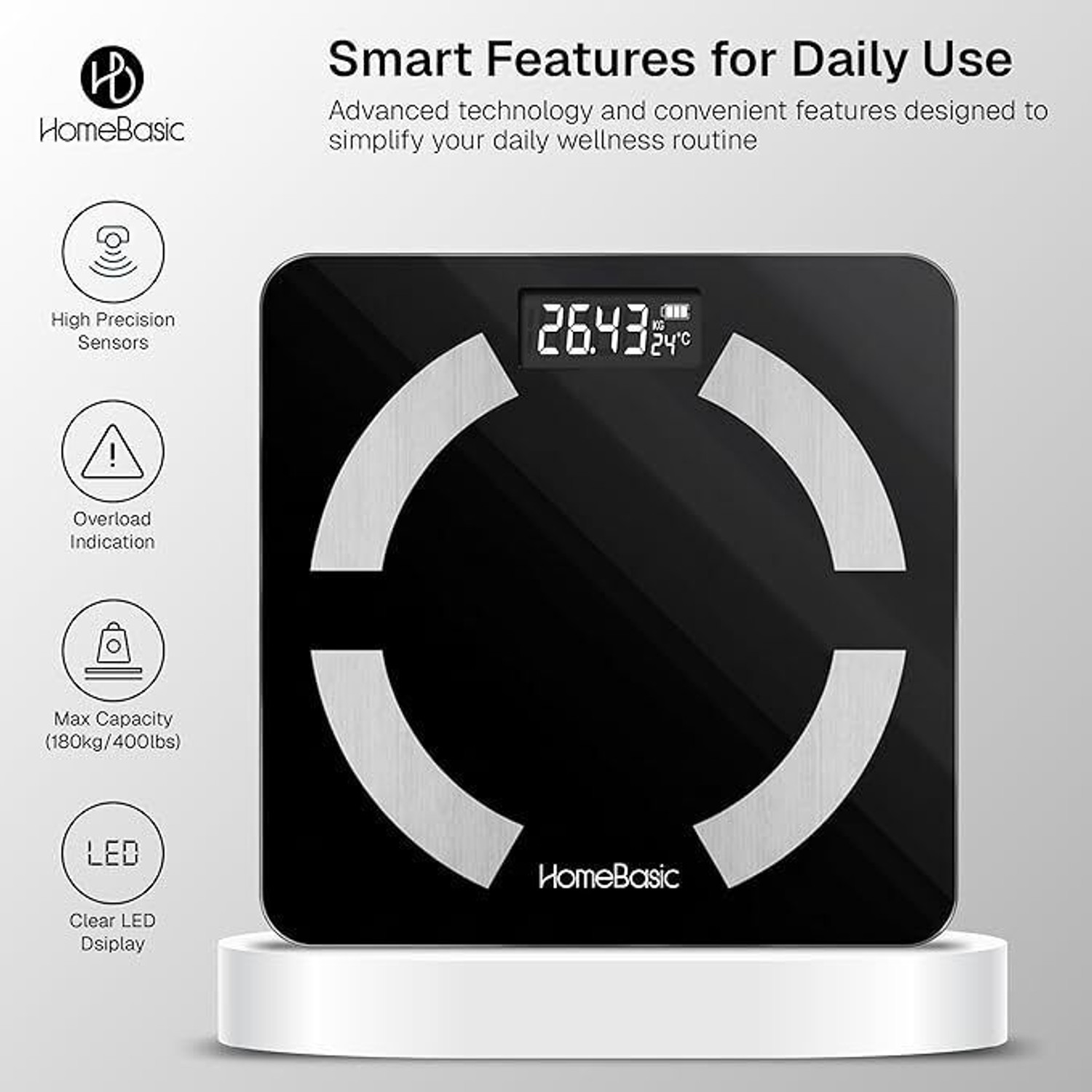 Image of HOMEBASIC Digital Body Weight Machine with LCD Display & 180kg Capacity, Auto On /Off Weighing Scale (Black)