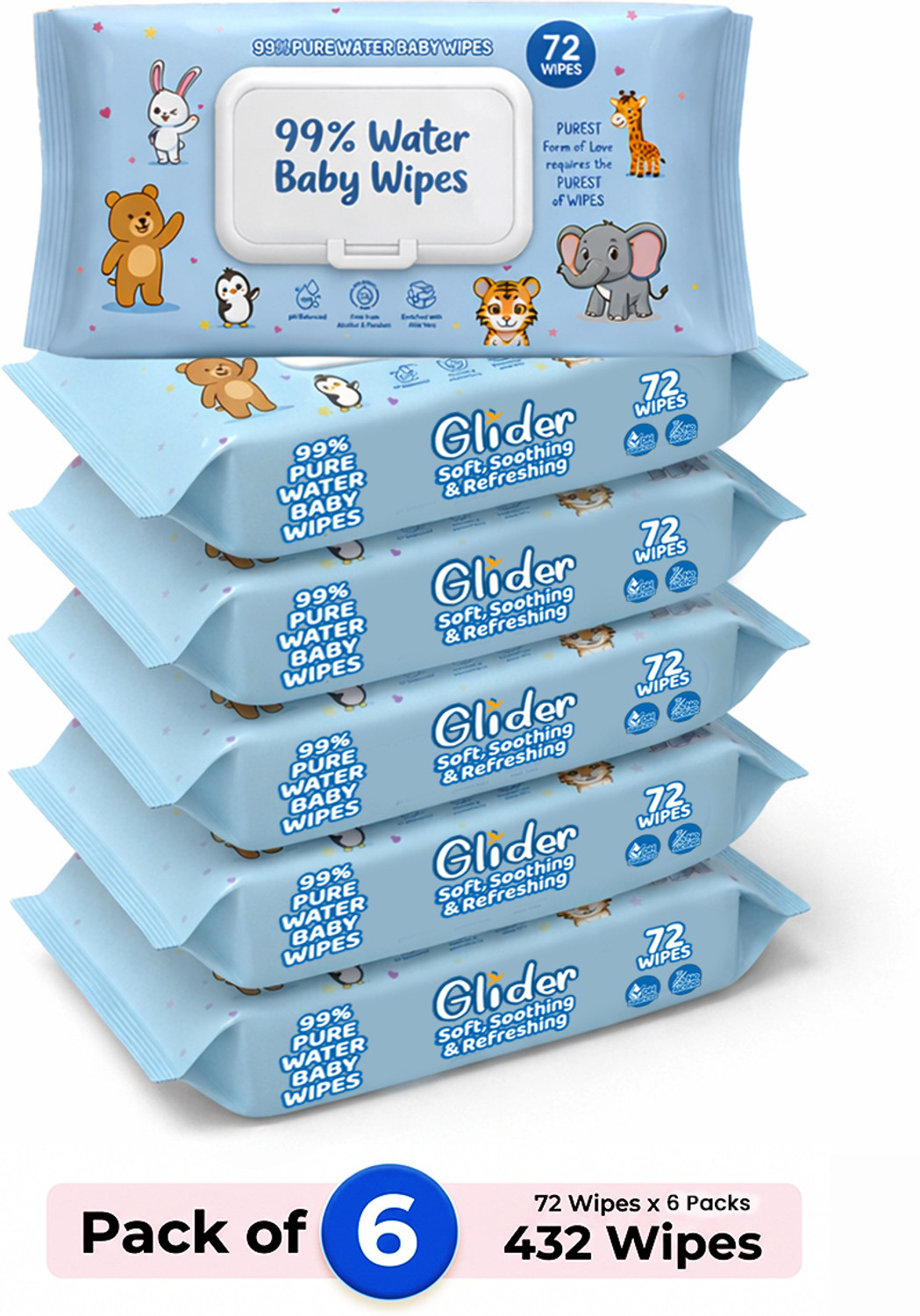 Image of GLIDER Baby Wipes Flip-Top, Aloe Vera & Vit E, pH Balanced, 72 Wipes (72 Wipes)